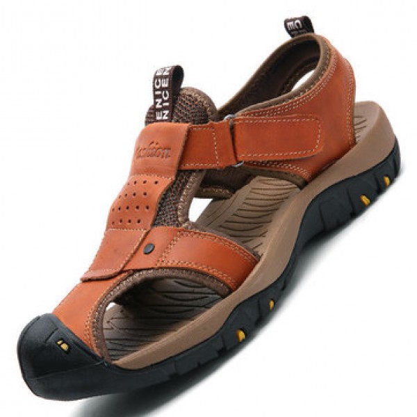 Men Genuine Leather Roman Sandals Soft Sole Cut-out Moccasins Outdoor Beach Sneakers Casual