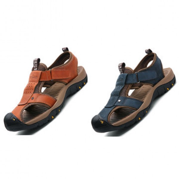 Men Genuine Leather Roman Sandals Soft Sole Cut-out Moccasins Outdoor Beach Sneakers Casual