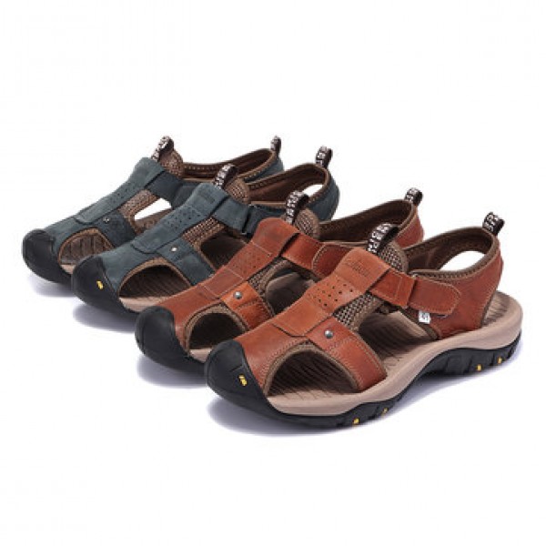 Men Genuine Leather Roman Sandals Soft Sole Cut-out Moccasins Outdoor Beach Sneakers Casual
