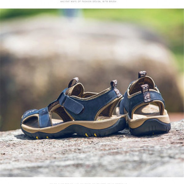 Men Genuine Leather Roman Sandals Soft Sole Cut-out Moccasins Outdoor Beach Sneakers Casual