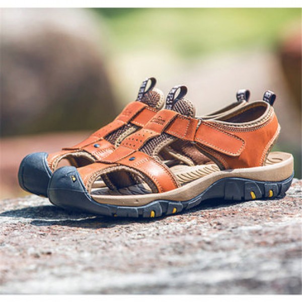 Men Genuine Leather Roman Sandals Soft Sole Cut-out Moccasins Outdoor Beach Sneakers Casual