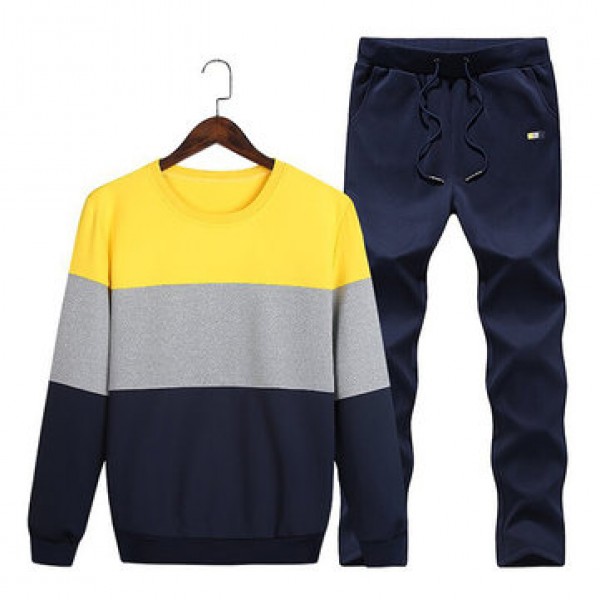 Mens Casual Sport Suit Stitching Color Long Sleeve Sweatshirt Jogger Pants Running Clothing