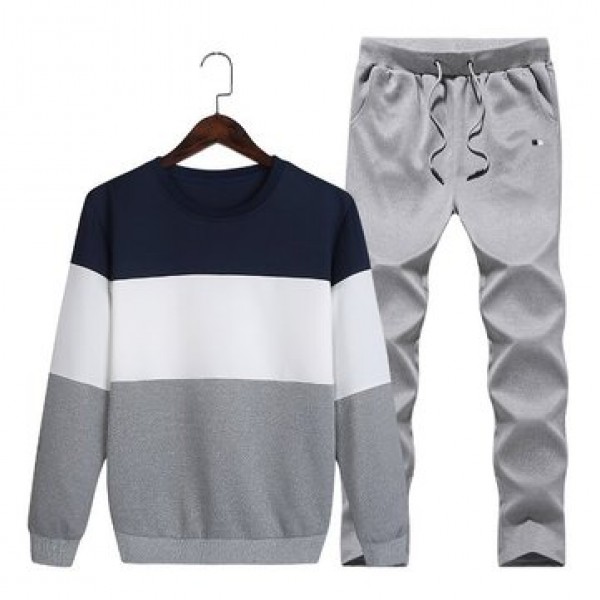 Mens Casual Sport Suit Stitching Color Long Sleeve Sweatshirt Jogger Pants Running Clothing