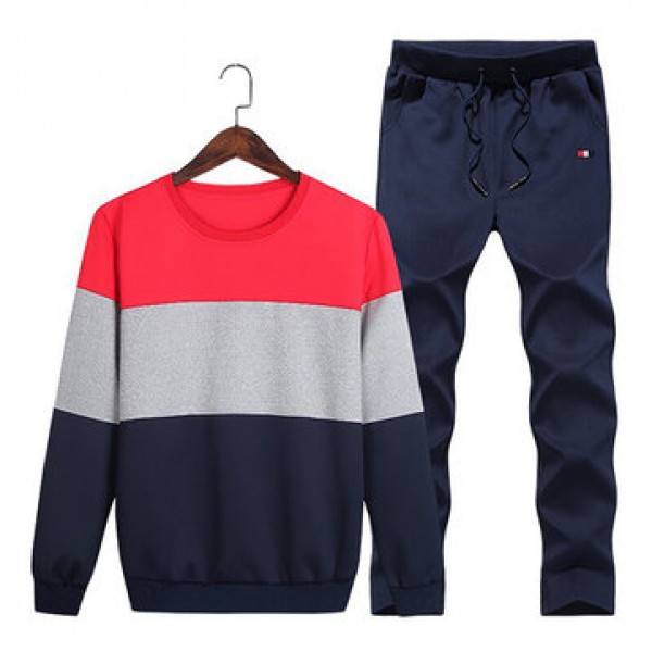 Mens Casual Sport Suit Stitching Color Long Sleeve Sweatshirt Jogger Pants Running Clothing