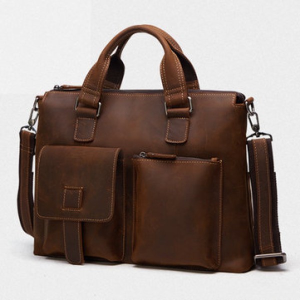 Men Cowhide Vintage Handbag Crossbody Bag Business Briefcase Fits 15.6 inch ipad