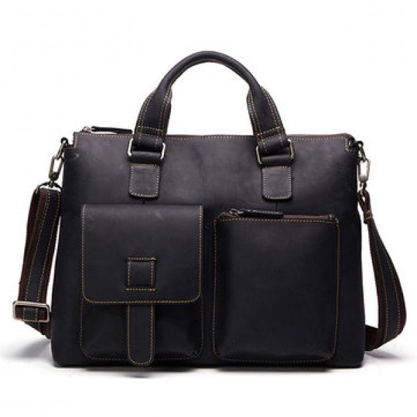 Men Cowhide Vintage Handbag Crossbody Bag Business Briefcase Fits 15.6 inch ipad