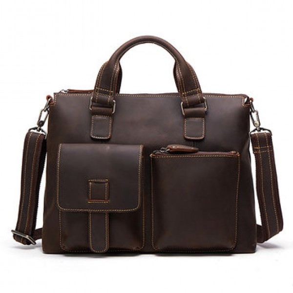 Men Cowhide Vintage Handbag Crossbody Bag Business Briefcase Fits 15.6 inch ipad