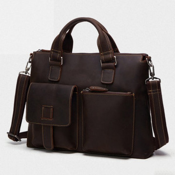 Men Cowhide Vintage Handbag Crossbody Bag Business Briefcase Fits 15.6 inch ipad