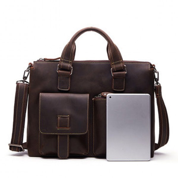 Men Cowhide Vintage Handbag Crossbody Bag Business Briefcase Fits 15.6 inch ipad