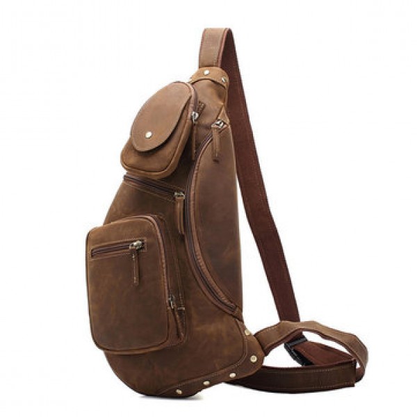 AUGUR Genuine Leather Chest Bag Vintage Fashion High Capacity Crossbody Bag