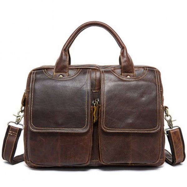 Men Genuine Leather Vintage 14 Inches Laptop Bag Business Bag Briefcase Crossbody Bag