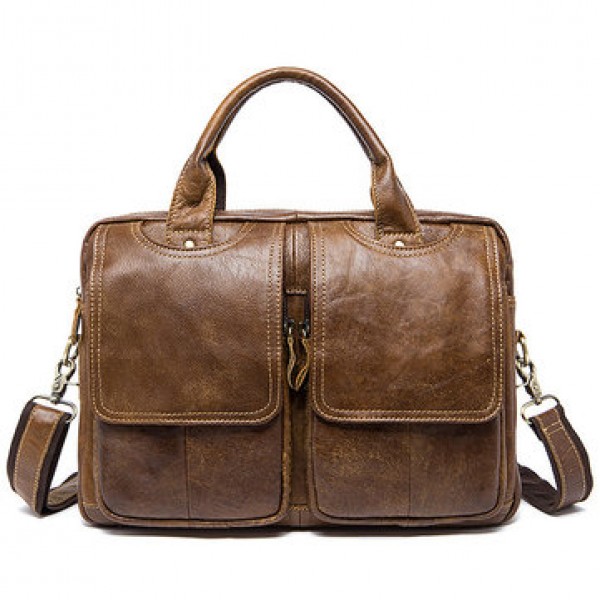 Men Genuine Leather Vintage 14 Inches Laptop Bag Business Bag Briefcase Crossbody Bag
