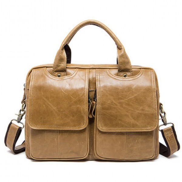Men Genuine Leather Vintage 14 Inches Laptop Bag Business Bag Briefcase Crossbody Bag