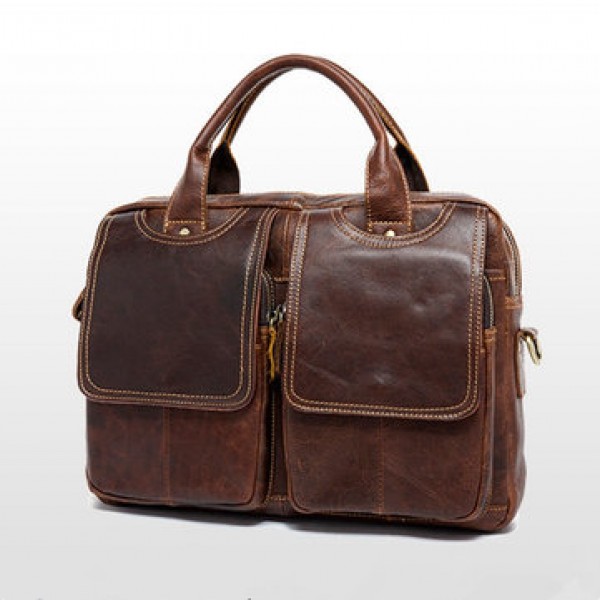 Men Genuine Leather Vintage 14 Inches Laptop Bag Business Bag Briefcase Crossbody Bag