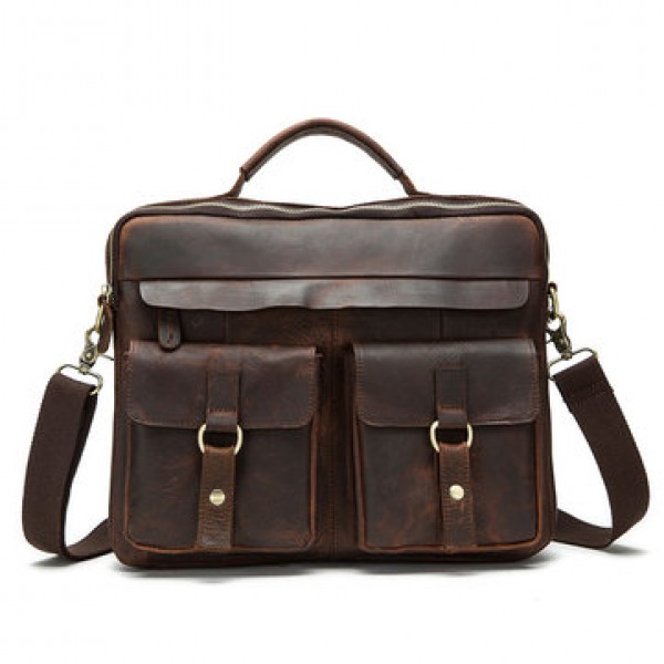 Genuine Leather Sling Briefcase Vintage Handbag Du...