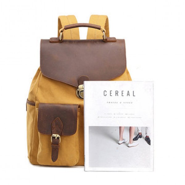 Men High Quality Backpack Cowhide Canvas Vintage Outdoor Travel Large Capacity