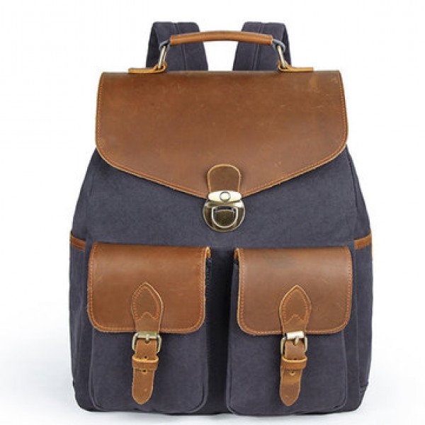 Men High Quality Backpack Cowhide Canvas Vintage Outdoor Travel Large Capacity