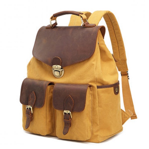 Men High Quality Backpack Cowhide Canvas Vintage Outdoor Travel Large Capacity