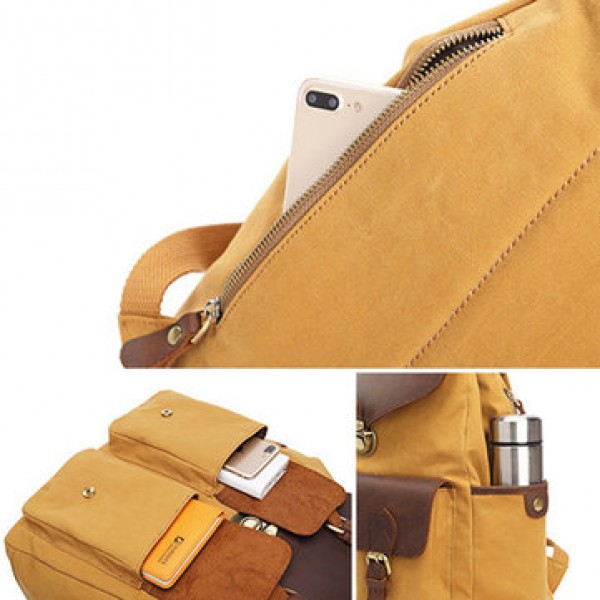 Men High Quality Backpack Cowhide Canvas Vintage Outdoor Travel Large Capacity