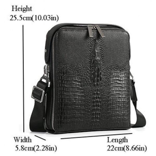 Men Genuine Leather Business Casual Cowhide Black Crocodile Stripe Shoulder Bag