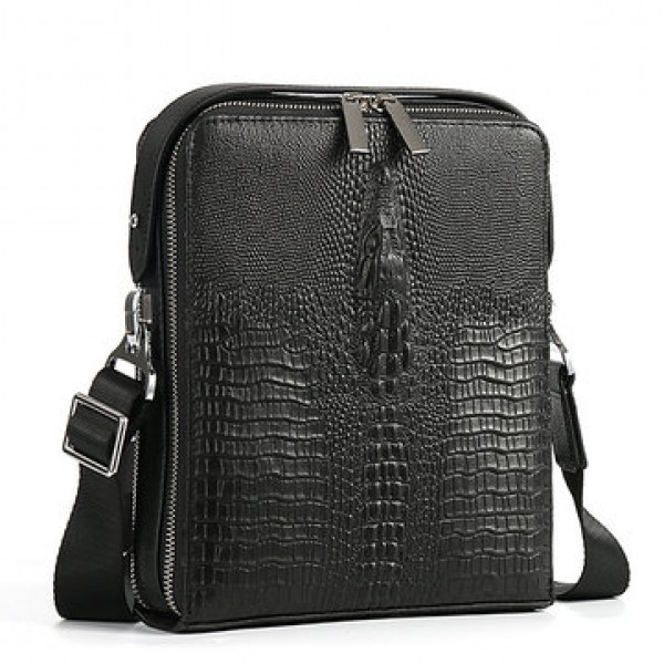 Men Genuine Leather Business Casual Cowhide Black Crocodile Stripe Shoulder Bag