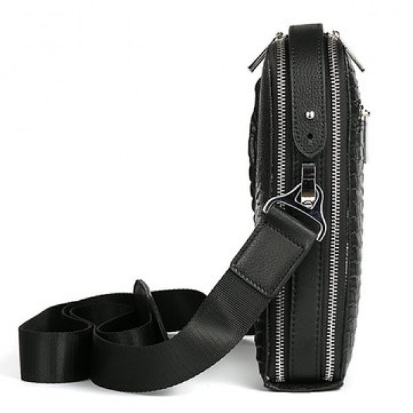 Men Genuine Leather Business Casual Cowhide Black Crocodile Stripe Shoulder Bag