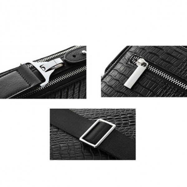 Men Genuine Leather Business Casual Cowhide Black Crocodile Stripe Shoulder Bag
