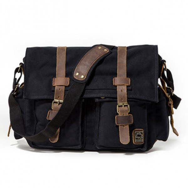 Ekphero Men Cowhide Canvas Messenger Bag Vintage Fashion Shoulder Crossbody Bag