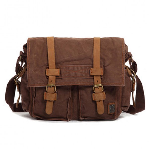 Ekphero Men Cowhide Canvas Messenger Bag Vintage Fashion Shoulder Crossbody Bag