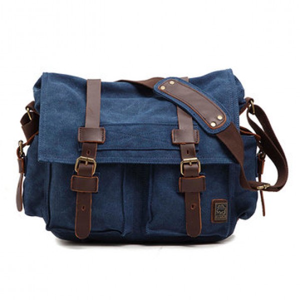 Ekphero Men Cowhide Canvas Messenger Bag Vintage Fashion Shoulder Crossbody Bag