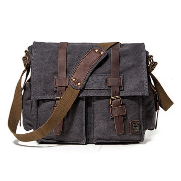 Ekphero Men Cowhide Canvas Messenger Bag Vintage Fashion Shoulder Crossbody Bag