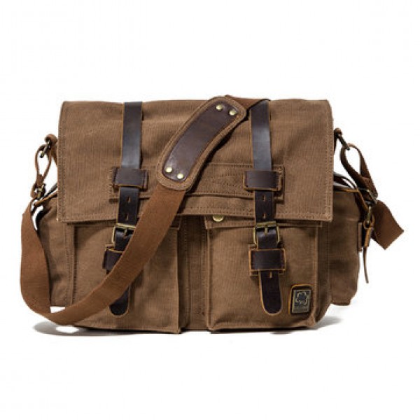 Ekphero Men Cowhide Canvas Messenger Bag Vintage Fashion Shoulder Crossbody Bag