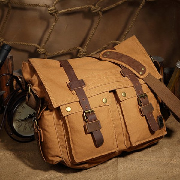 Ekphero Men Cowhide Canvas Messenger Bag Vintage F...