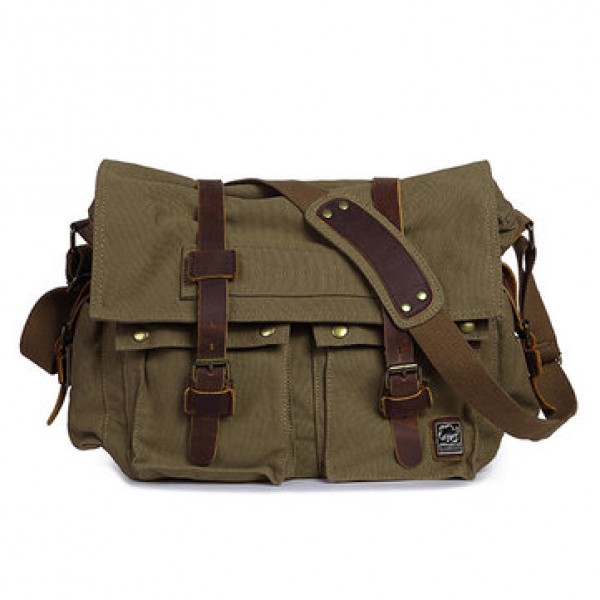 Ekphero Men Cowhide Canvas Messenger Bag Vintage Fashion Shoulder Crossbody Bag