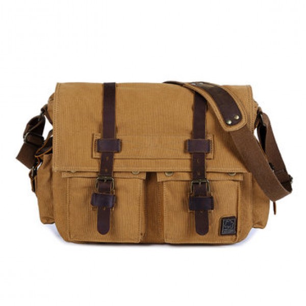 Ekphero Men Cowhide Canvas Messenger Bag Vintage Fashion Shoulder Crossbody Bag
