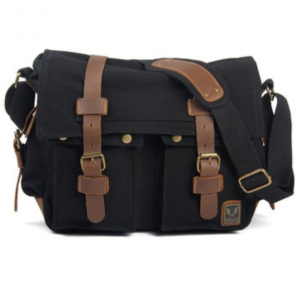 Men Canvas Genuine Leather Big Outdoor Casual Shoulder Crossbody Bag