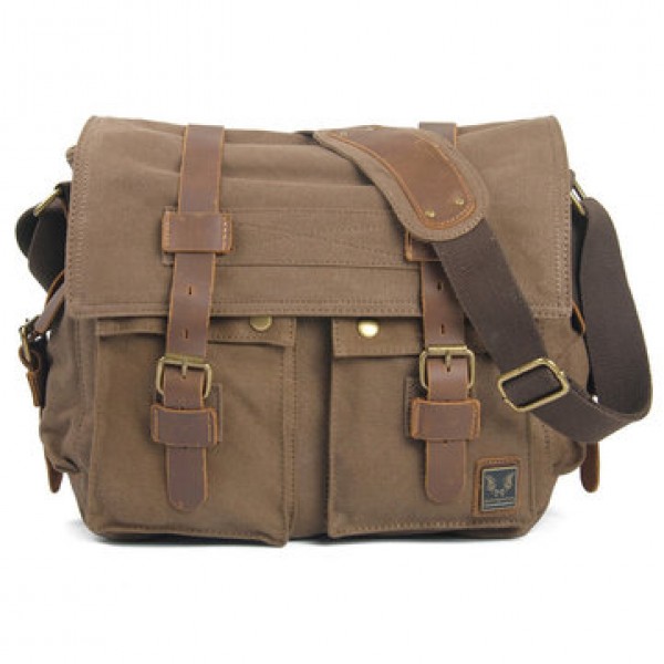 Men Canvas Genuine Leather Big Outdoor Casual Shoulder Crossbody Bag