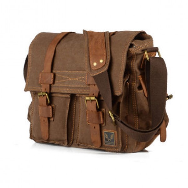 Men Canvas Genuine Leather Big Outdoor Casual Shoulder Crossbody Bag