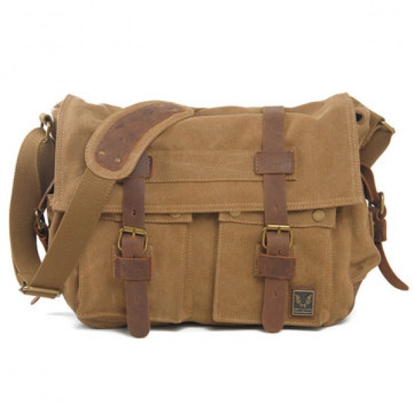 Men Canvas Genuine Leather Big Outdoor Casual Shoulder Crossbody Bag