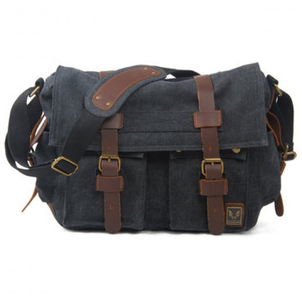 Men Canvas Genuine Leather Big Outdoor Casual Shoulder Crossbody Bag