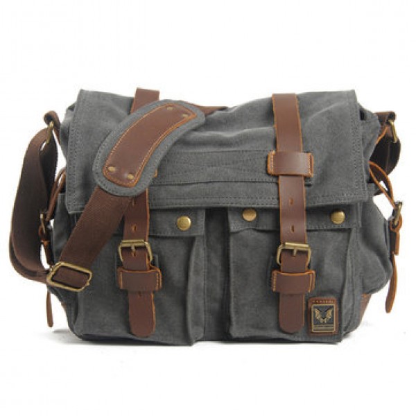 Men Canvas Genuine Leather Big Outdoor Casual Shoulder Crossbody Bag