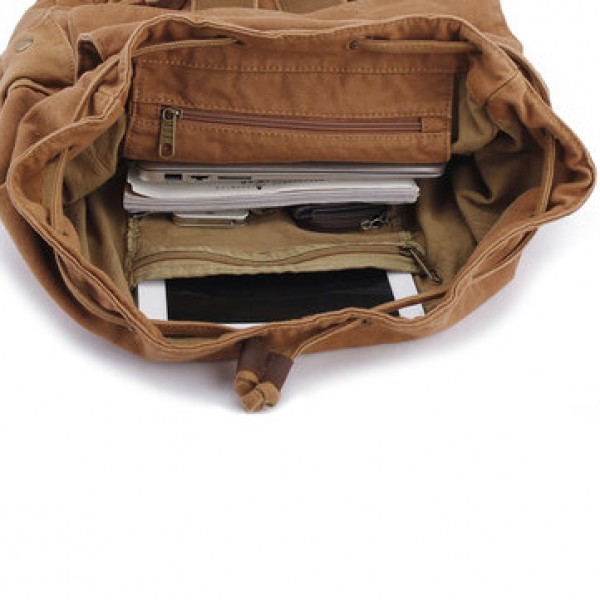Men Canvas Drawstring Backpack Vintage Cowhide School Bags
