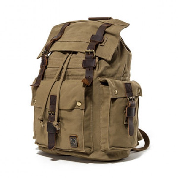 Men Canvas Drawstring Backpack Vintage Cowhide School Bags