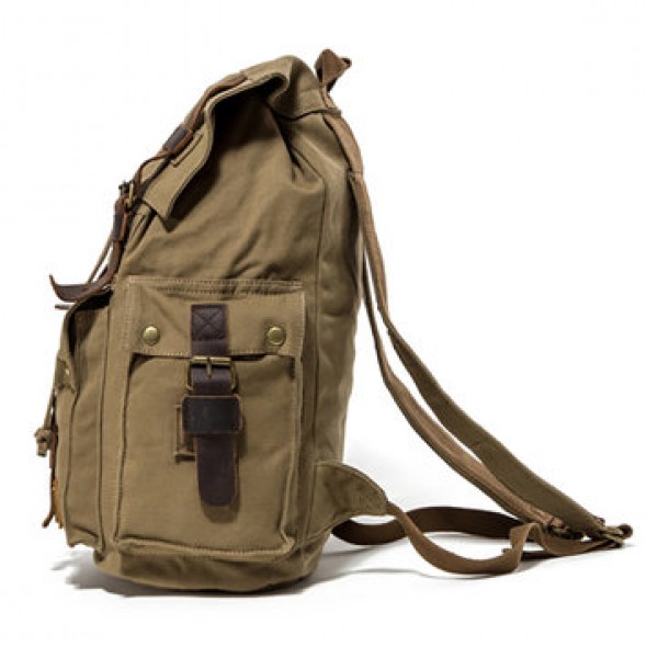 Men Canvas Drawstring Backpack Vintage Cowhide School Bags