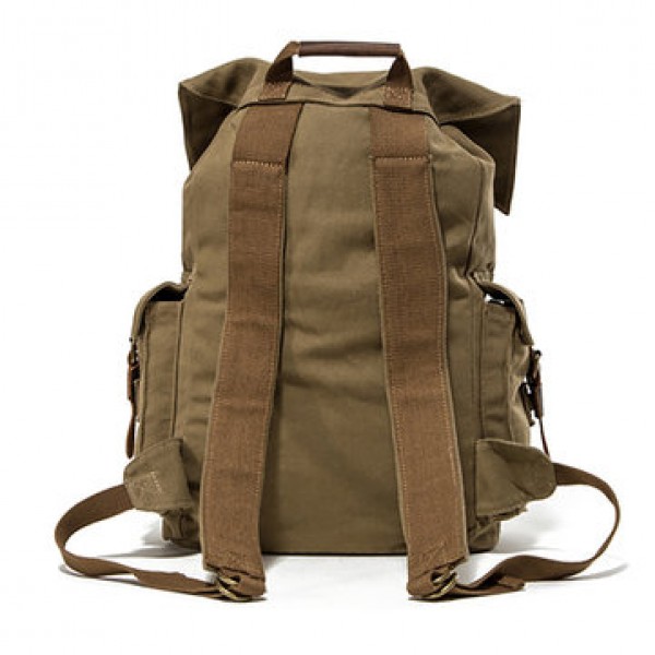 Men Canvas Drawstring Backpack Vintage Cowhide School Bags