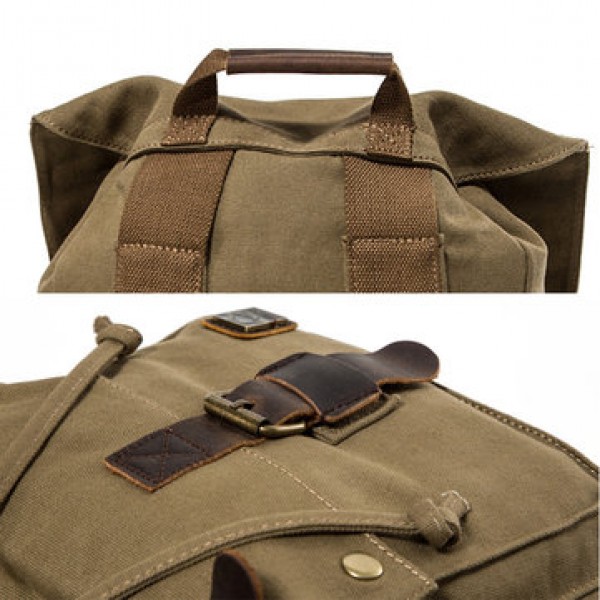 Men Canvas Drawstring Backpack Vintage Cowhide School Bags