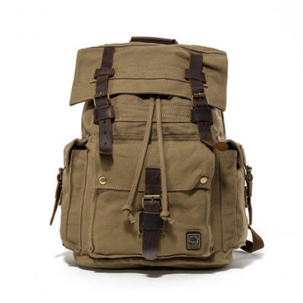 Men Canvas Drawstring Backpack Vintage Cowhide Sch...