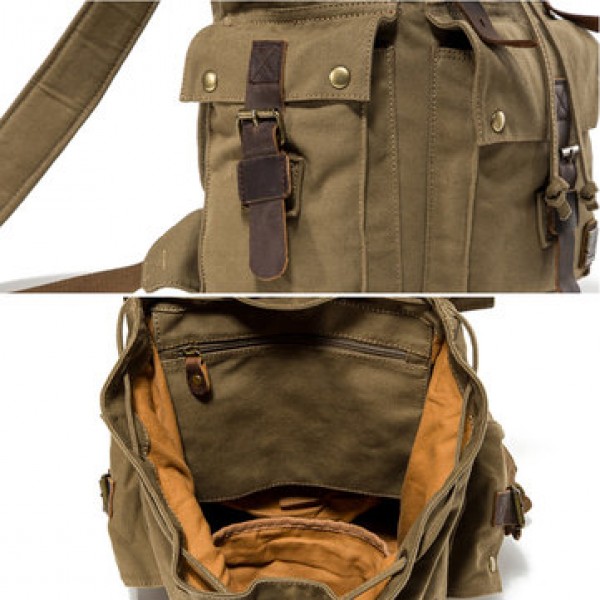 Men Canvas Drawstring Backpack Vintage Cowhide School Bags