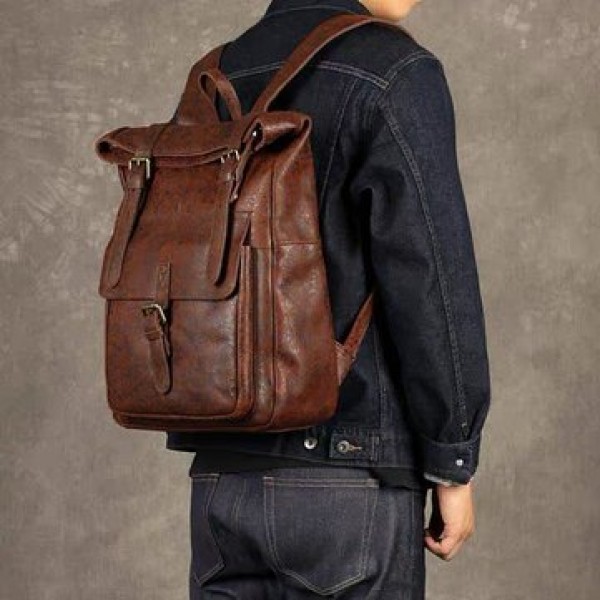 Ekphero  Men Women PU Leather Vintage Large Captial Backpack Laptop bags School Bag Shoulder Bags