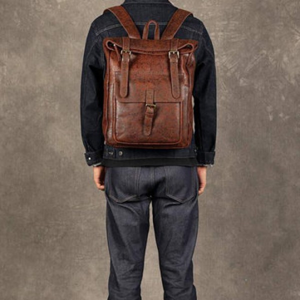 Ekphero  Men Women PU Leather Vintage Large Captial Backpack Laptop bags School Bag Shoulder Bags